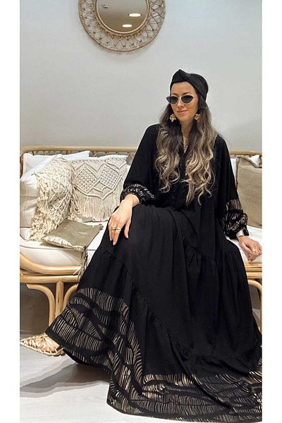 QUAWEAR Half Placket Button V-Neck Gold Foil Printed Loose Fit Full Length Dress