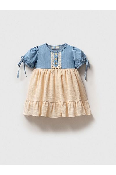 Little Baby Baby Girl Dress with Button Front Sleeves and Rope Detail
