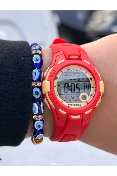 Jaga Pool Sea Use, Light, Calendar, Stopwatch Red Digital Girl's Wrist Watch+Bracelet