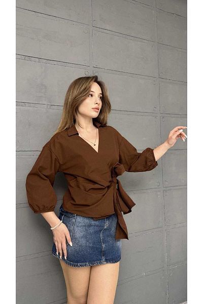 Butik Merline γυναικείο καφέ μοντέλο διπλό στήθος Νέα τάση Premium υψηλής ποιότητας βαμβακερό πουκάμισο