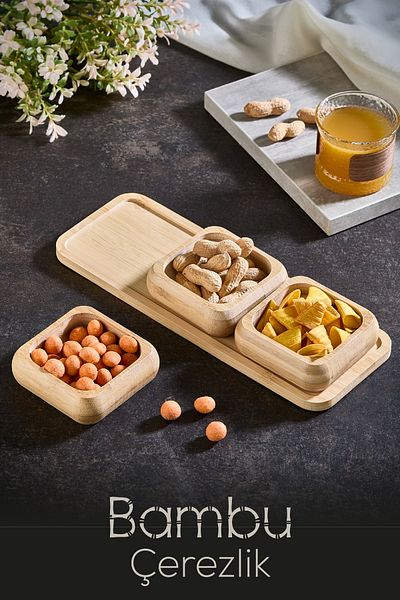 Vienev 3 Square Bowl Bamboo Snack Bowl with Tray