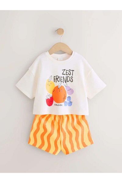 Magu Unisex Kids Cotton White Zest Friends Printed T-Shirt and Orange Shorts Set