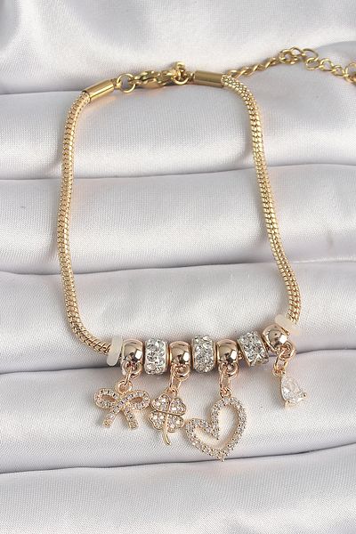 Skygo 316L Steel Gold Color Chain Dangle Zircon Stone Heart Figure Clover Detail Women's Bracelet - Tj-Bb6690