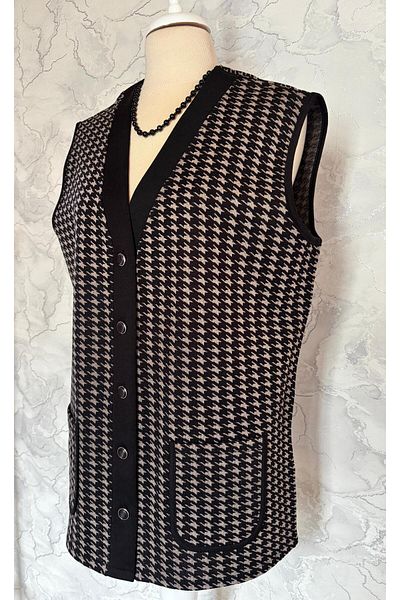 Özenli Triko Steel Knit 5 Button Houndstooth Patterned Mother Vest Black Beige