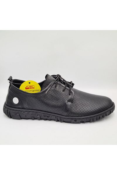 Mammamia D25Ya-85 Black Genuine Leather Anatomical Insole Rubber Laced Women's Daily Casual Shoes