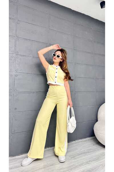 Butik Merrline Women's Garnish Zero Sleeve Button Vest High Waist Lycra Wide Leg Pants Two-Piece Suit