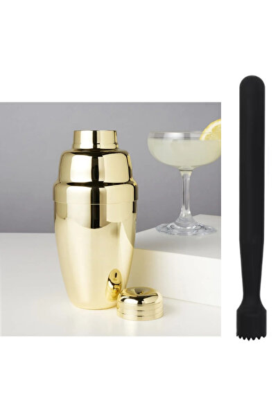 adin tasarım Mojito Tokmağı Siyah 20.7 cm ve Gold Shaker 350 ml Metal Süzgeçli Koktely Tokmak Shaker Seti