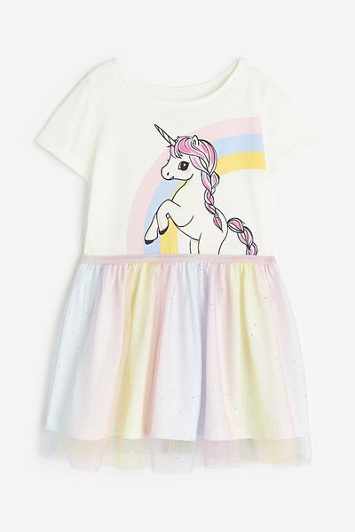 Magu Girl's Cotton Cream Unicorn Printed Tulle Skirt Dress - Colorful Glitter Detail