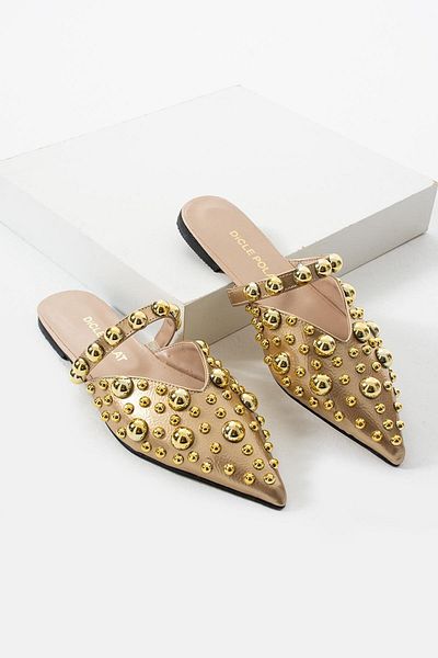 diclepolat Women's Loja Goldtroped Flat Sole Slippers Pointed Toe