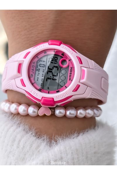 Jaga Pool Sea Use, Pink Digital Girl's Wrist Watch+Bracelet with Light, Calendar, Stopwatch