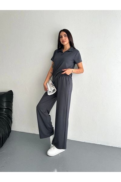 Tam12den Home Women's Short Sleeve Collared T-Shirt and Trousers Anthracite Double Suit