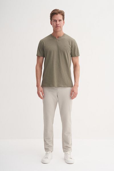 Cazador 25Yceeo04227 Khaki Men's V-Neck Placket Slim Fit 100% Cotton T-Shirt