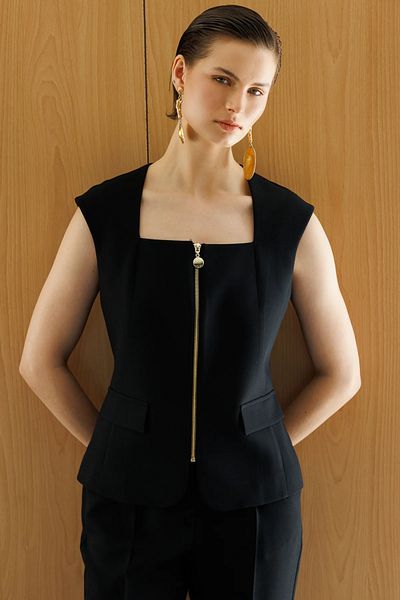 Ekol Square Collar Zippered Vest-6522