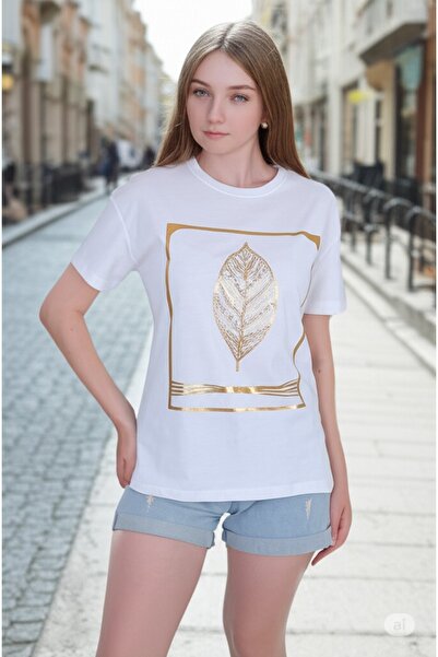 Esra Butik Hane تي شيرت نسائي مطرز بالأحجار - 100% قطن