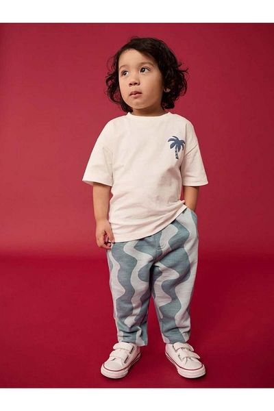 Magu Boy's Cotton Ecru Palm Printed T-Shirt and Blue Wavy Pants Set