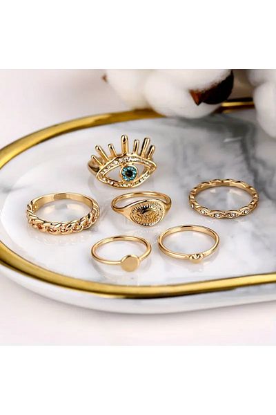 Takıtolia Zelura - 6 Pieces Crystal Stone Evil Eye Demon Eye Design Vintage Multiple Gold Gold Ring Set