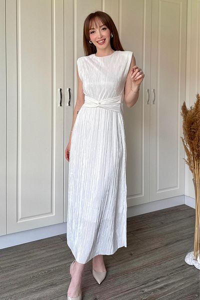 Dilay Gökoğlu Butik Λευκό φόρεμα με επένδυση Crinkle Midi με λεπτομέρεια μέσης
