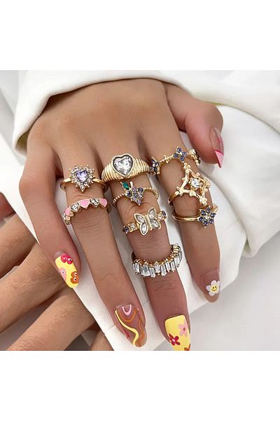 Takıtolia Velura Set of 9 Stylish Design Vintage Multi Gold Gold Rings with Colorful Stones, Heart Butterfly Flower Figures