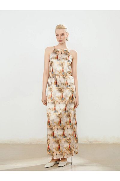 LC Waikiki Soulife Beige Halter Neck Print Strap Dress