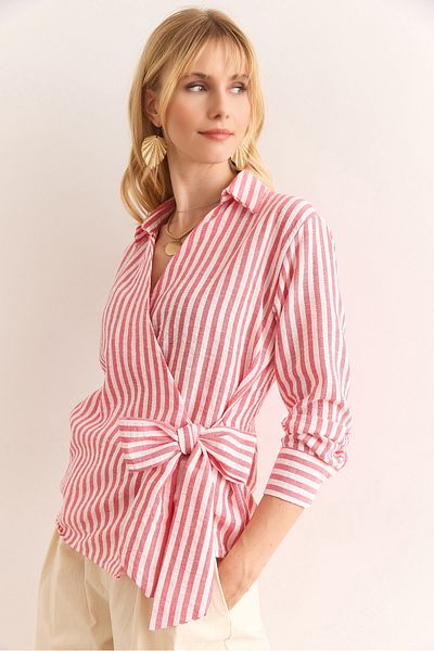 Olalook Women's Red Side Tie Detailed Striped Linen Blouse Blz-19002971