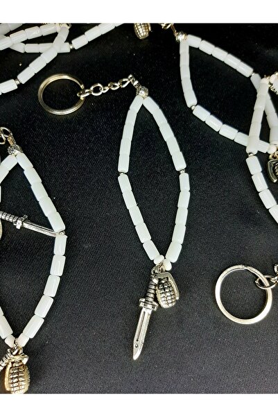makadi Men's Special Natural Stone Mini Rosary Keychain – Bag Accessory with Knife and Grenade Figures
