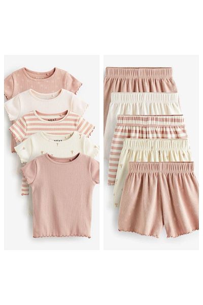 Next Baby Cotton Pink Cream Ribbed Short Sleeve Set of 5 Shorts