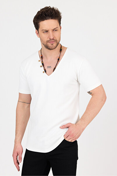 PELİTİSS Μπλουζάκι με λαιμόκοψη σε σχήμα V με λεπτομέρεια από ύφασμα βάφλα