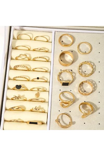 Takıtolia Miel Gold - 25/27 Piece Black Stone Figured Stylish Design Vintage Multi Gold Gold Ring Set