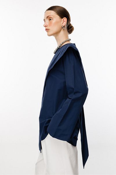 KUAD Poplin Blouse - Navy Blue Shawl Detailed