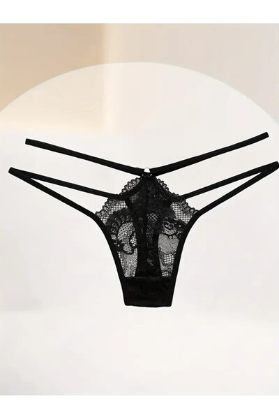 YIWU Dantel ,Şeffaf Esnek Çift Askılı, Olgun Stil, Düz Renk, Çapraz Bant Detayı, Tanga /V-String Külot