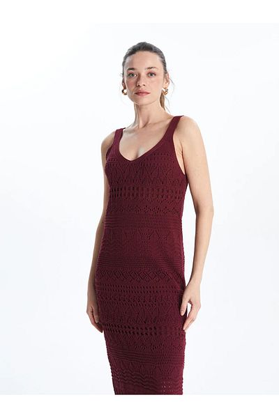 LC Waikiki Lcwaikiki Classic Burgundy V-Neck Openwork Women's Knitwear Dress