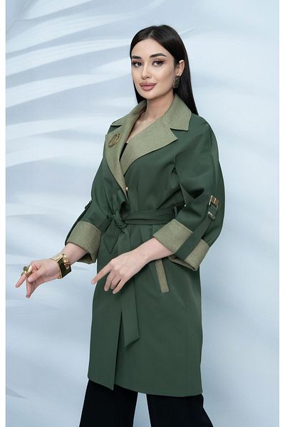 Eccim Fashion Linen Collar and Sleeve Detailed Brooch Lined Short Women's Trench Coat