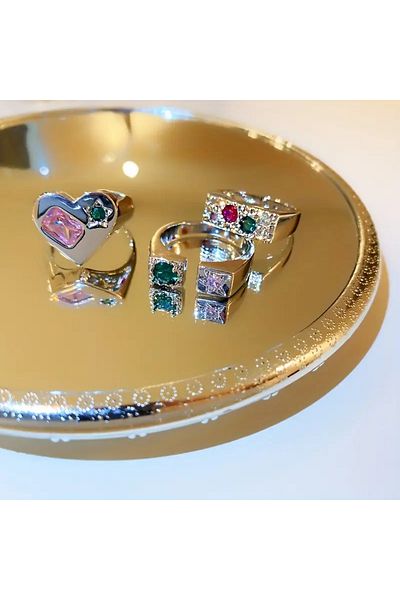 Takıtolia Pivel Silver - 3 Colorful Sparkling Stones Heart Figured Design Vintage Multiple Silver Ring Set