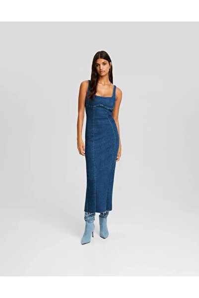 Butik ALLBUCKS BERSH KA Askılı Yırtmaçlı Streç Uzun Midi Denim Elbise Abbrs0009