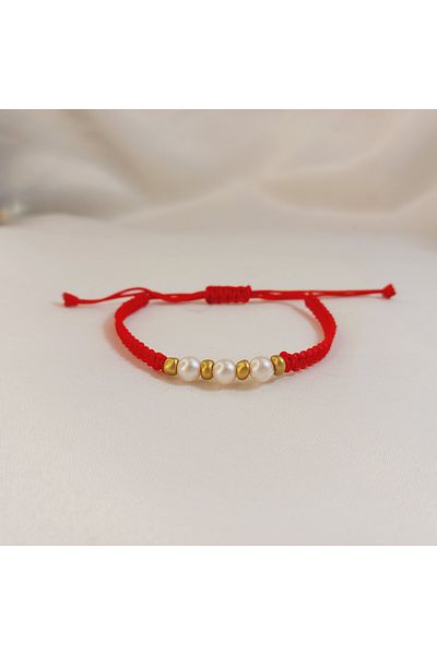Crystal Atelier سوار مكرامية جميل مزين باللؤلؤ للجنسين - سوار حبلي أحمر - سوار مجدول - سوار لؤلؤ