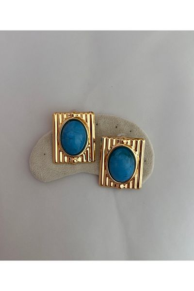 YENGEÇ Vintage Model Blue Color Gold Detail Earrings