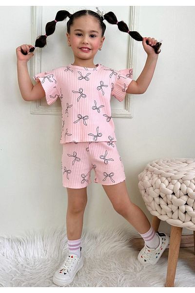 Yağmur Giyim Pjkskt Bow Pattern Salmon Corduroy Fabric Ruffled Sleeves Shorts Girls Short Sleeve Suit 7637-S