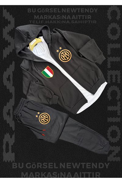 Minikelya Sport Suit Men's Inter Milan with Cap and Zipper – Jacket Black and Pants Gray with Club Emblem