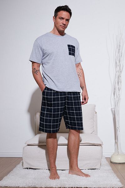 Buratti Checkered Regular Fit Cotton Crew Neck Short Sleeve Shorts Pajama Set Men's Pajama Set