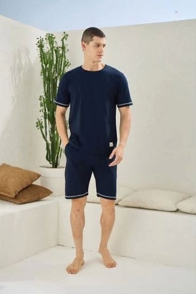 Kocabey Men's Crew Neck Navy Blue Shorts Pajama Suit
