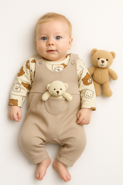 VERONA TARZ 2-Piece Cotton Baby Boy Toy Salopet Set - Long Sleeve, Snap Fastener Newborn Outfit