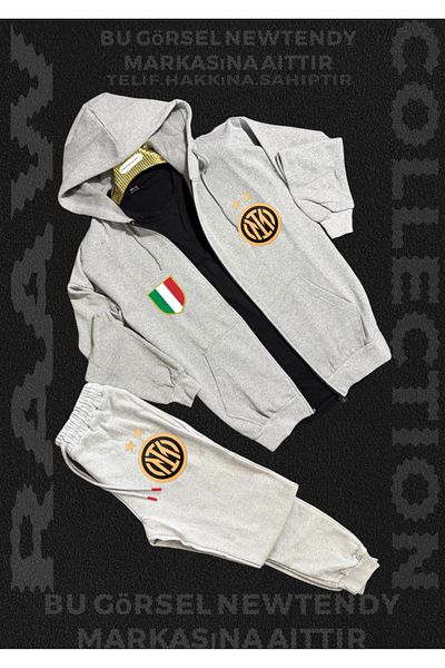 Minikelya Sport Suit Men's Inter Milan with Cap and Zipper – Jacket Black and Pants Gray with Club Emblem