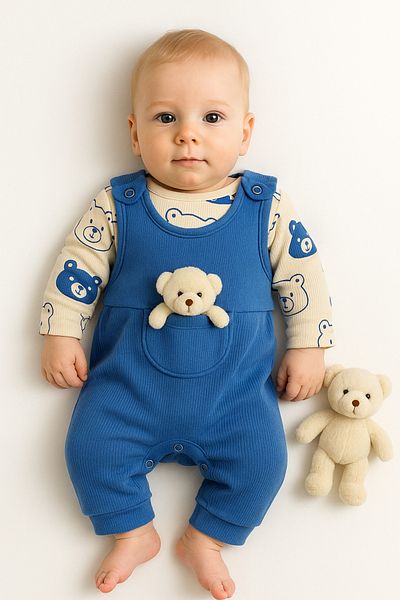 VERONA TARZ 2-Piece Cotton Salopet Set for Baby Boy - Long Sleeve, Snap Fastener Newborn Outfit