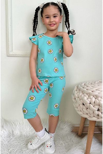 Yağmur Giyim Pjkskt Smile Pattern Green Twill Ruffled Sleeve Capri Girl's Short Sleeve Suit 7641-Y