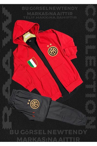 Minikelya Inter Milan Men's Hooded Zip Tracksuit - Black Jacket and Grey Trousers with Club Logo