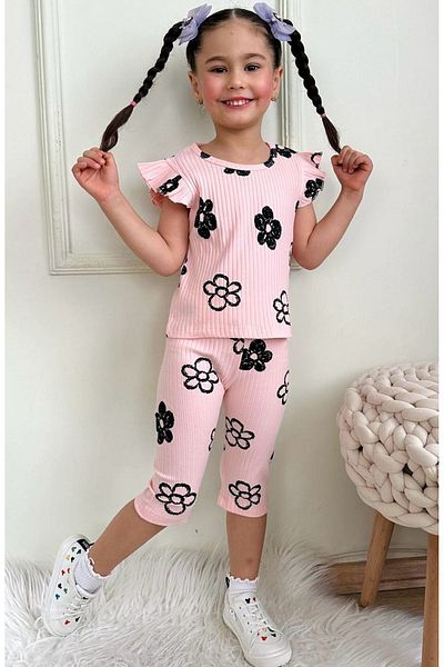 Yağmur Giyim Pjkskt Brush Daisy Pattern Salmon Twill Ruffled Sleeve Capri Girl's Short Sleeve Suit 7639
