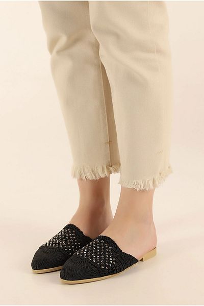 modayaselam Women's Flat Slippers with Knitted Design and Stones