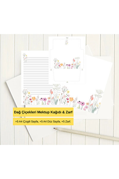 Organik Yolda Dağ Çiçekleri Mektup Not Kağıdı, +5 Düz kağıt +5 Çizgili Kağıt +5 Zarf (A4 Boyut)