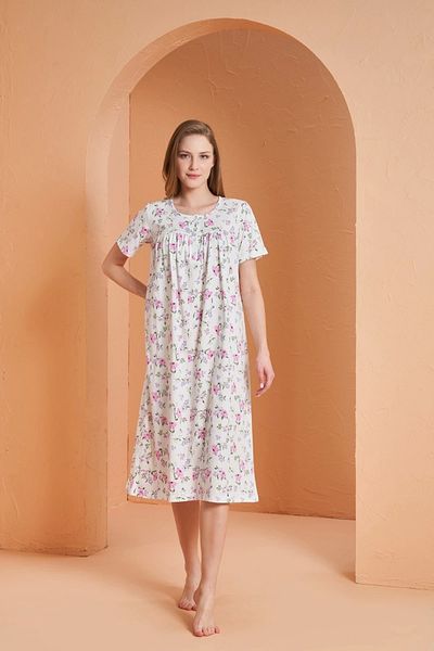PJS Women's Short Sleeve Patterned Long Nightgown