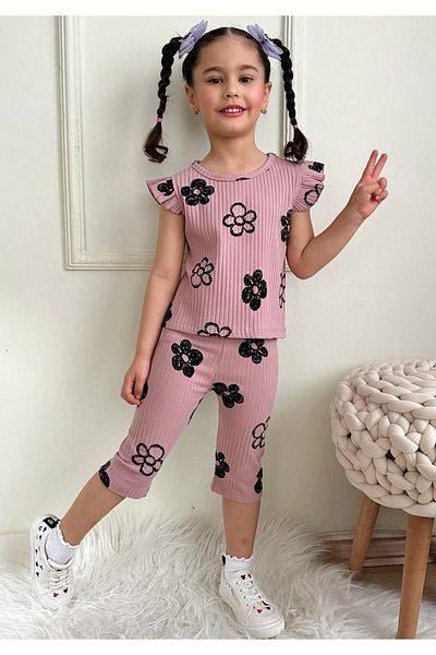 Yağmur Giyim Pjkskt Brush Daisy Pattern Dusty Rose Twill Ruffled Sleeve Capri Girl's Short Sleeve Suit